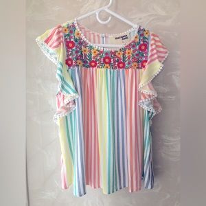 Savannah Jane Floral Stripe Pom Top Bell Sleeves